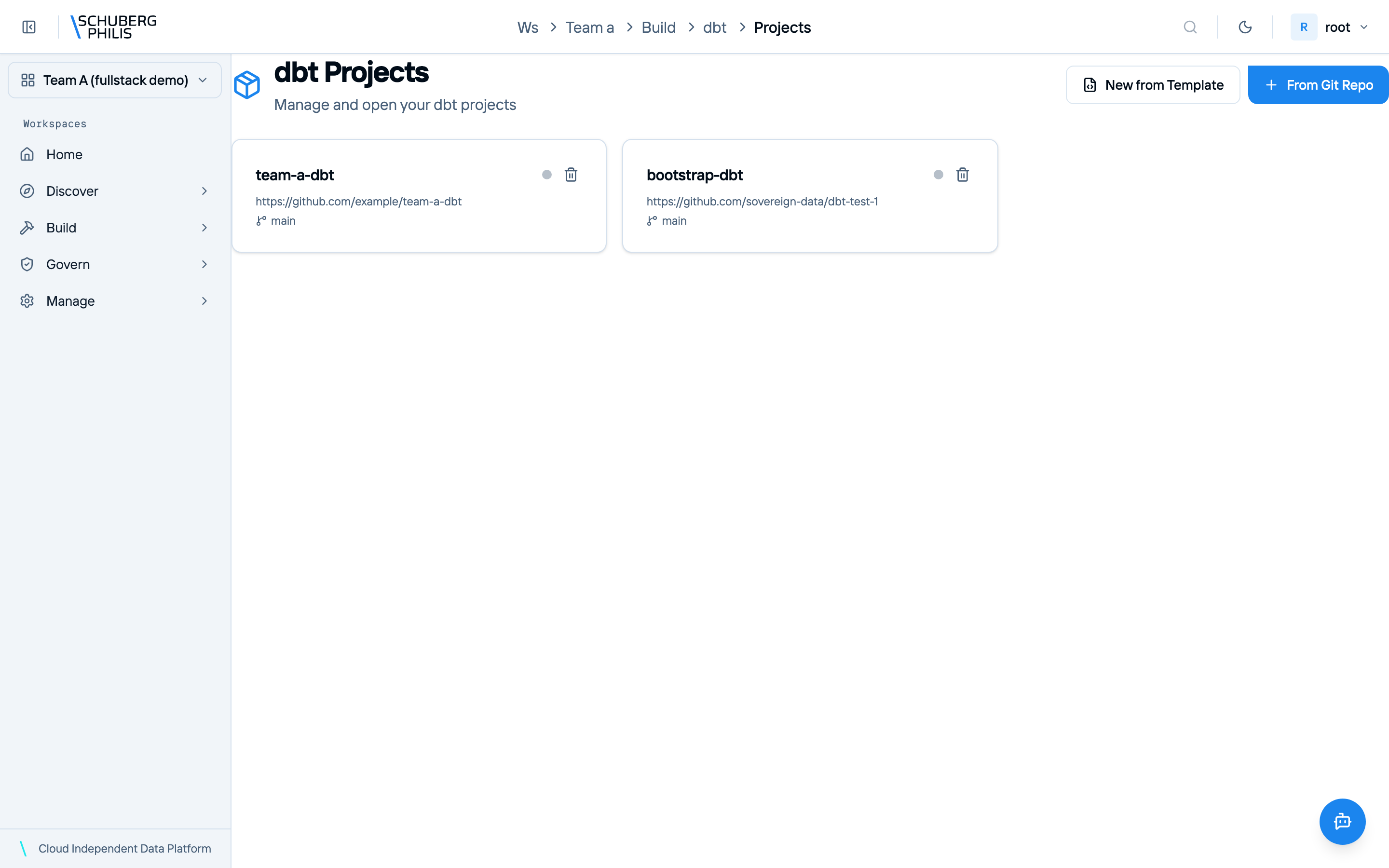 dbt projects — connect a git repo and build
