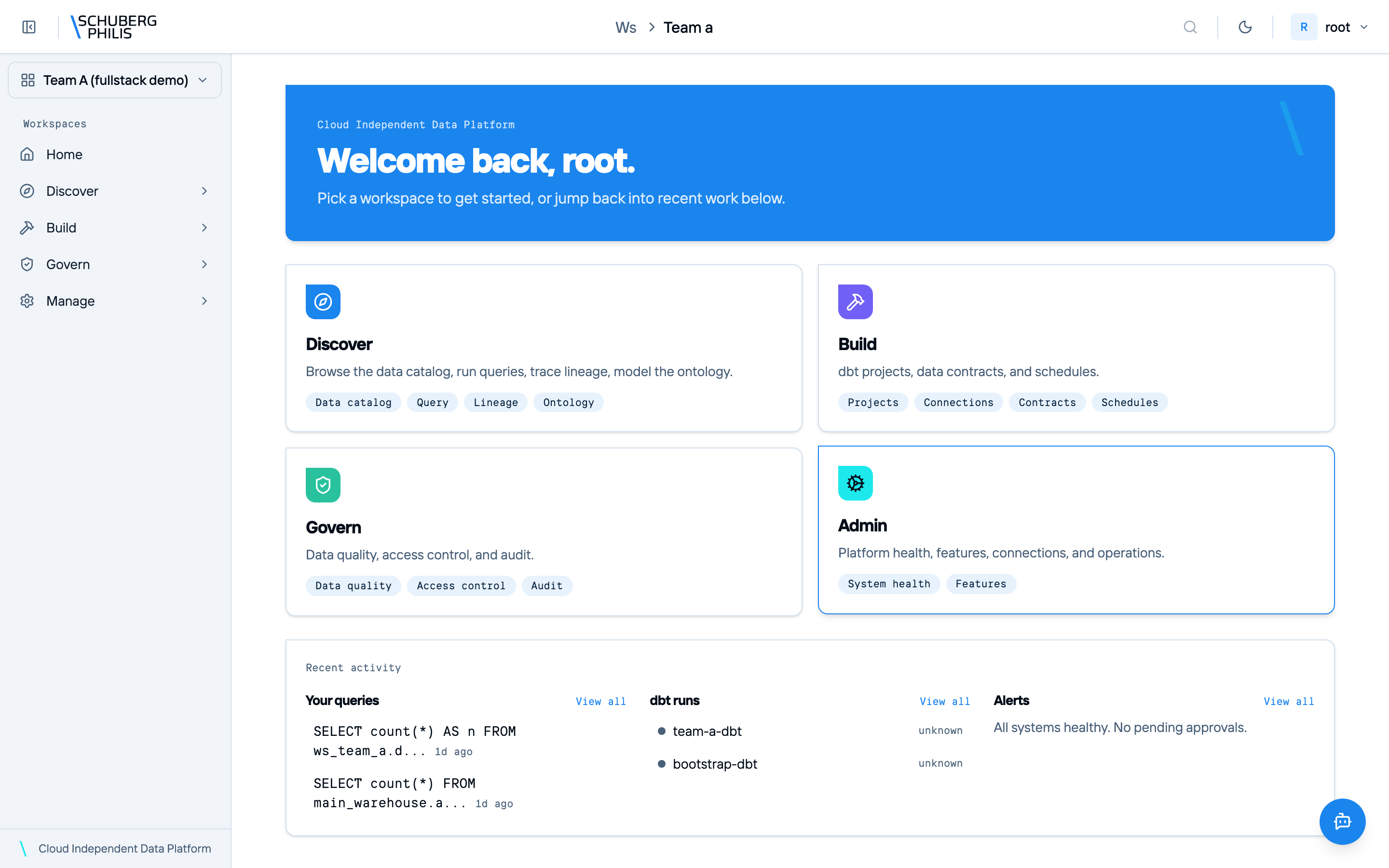 Cloud Independent Data Platform — workspace home: Discover, Build, Govern, Admin