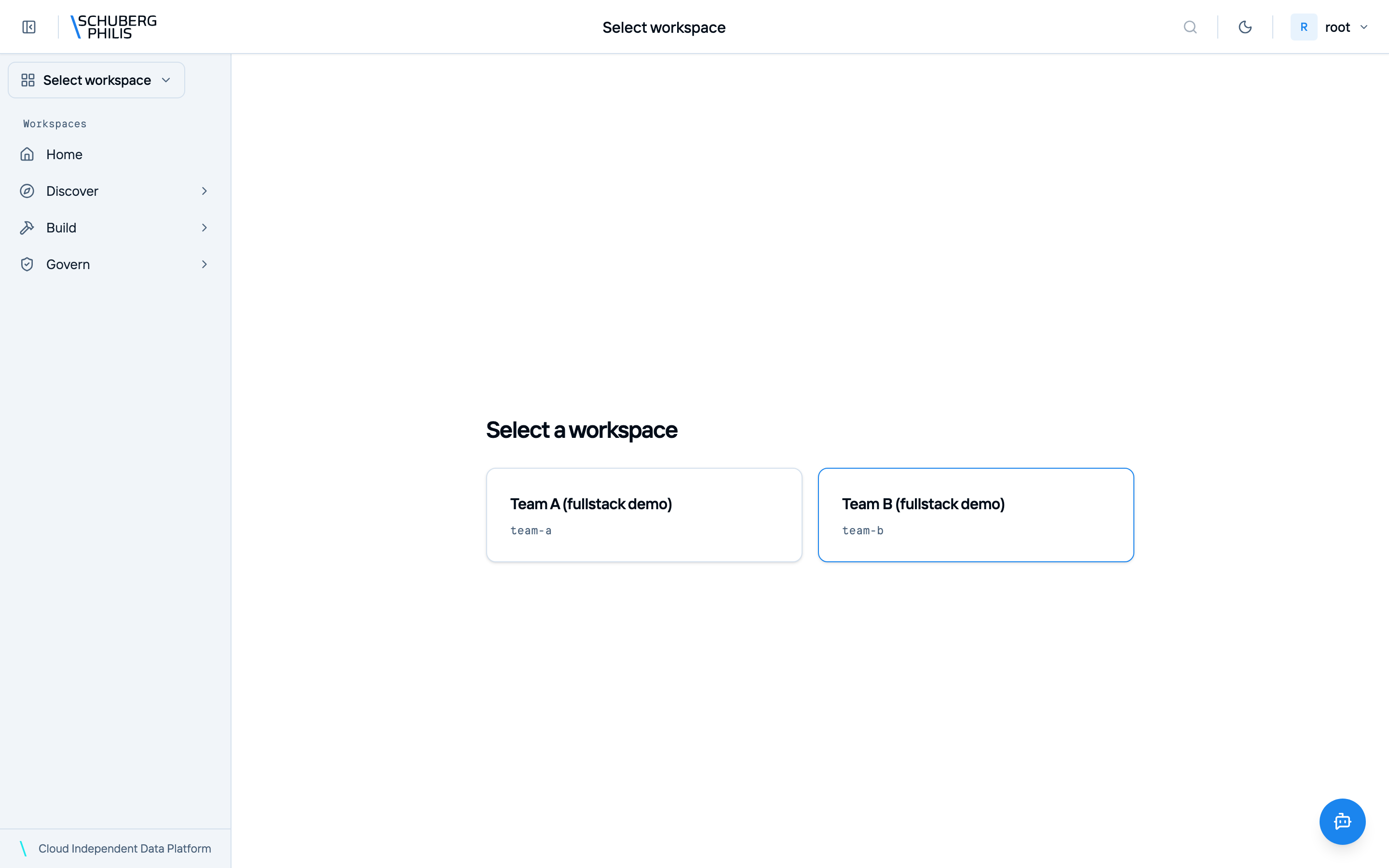 Workspace picker — per-team workspaces on one platform